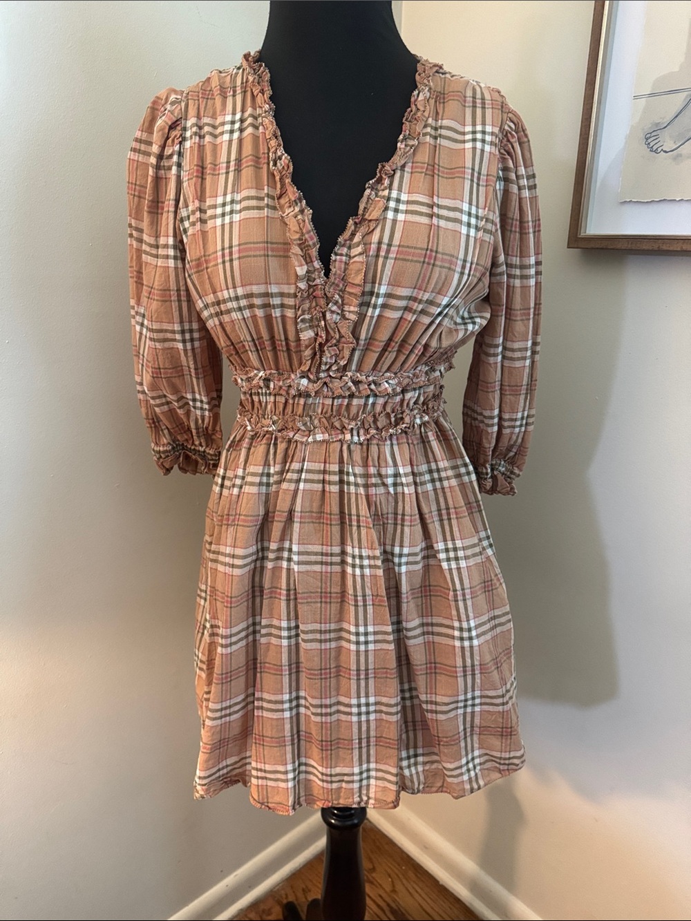 We Are Sundays Maisie Mini Dress Tannin Plaid 3/4 Sleeve V-Neck Ruffle-Size XS